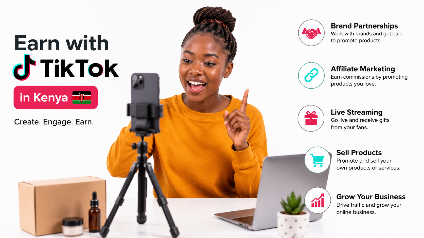 Young Kenyan TikTok creator recording a video on a smartphone while earning income through brand partnerships, affiliate marketing, live streaming, and online business promotion