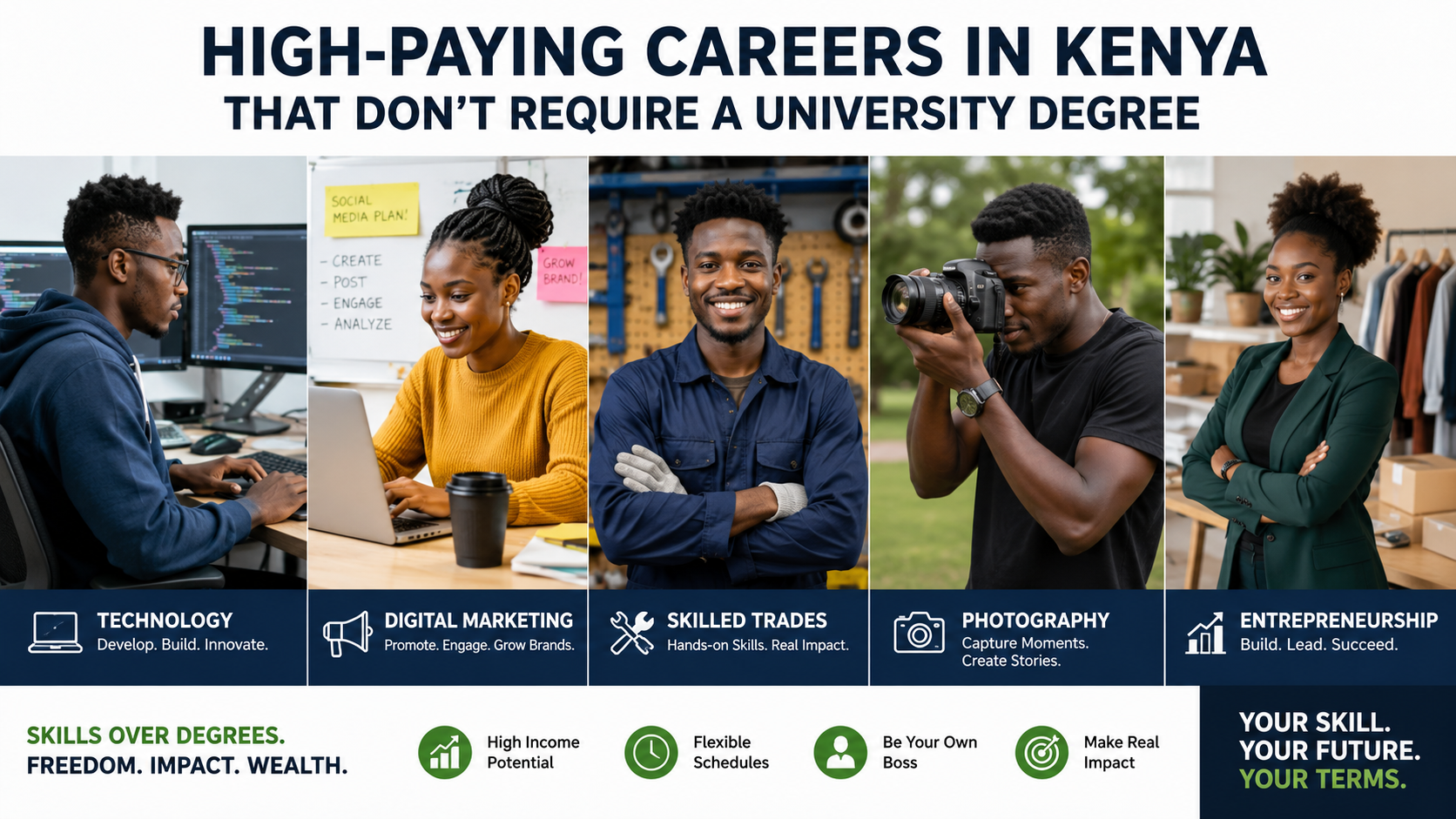 Young Kenyan professionals working in technology, digital marketing, skilled trades, photography, and entrepreneurship, representing successful high-paying careers that don't require a university degree.