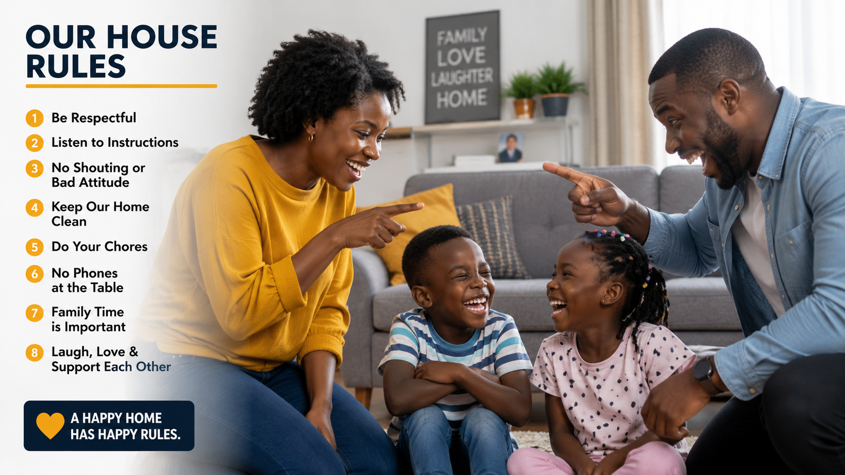 African family at home with smiling parents pointing playfully at laughing children, illustrating classic household rules and funny parenting moments.